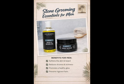 Stone body scrub and body and beard oil grooming bundle from SMG Reserve displayed together with benefit highlights for men’s skincare and beard