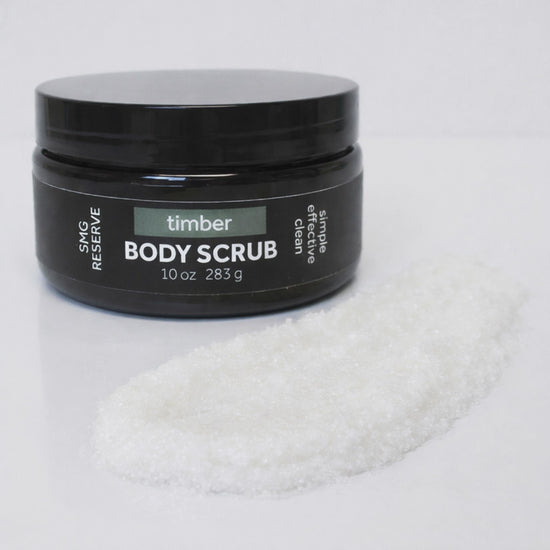 Video showing Timber exfoliating body scrub texture, application on skin, and clean skin finish
