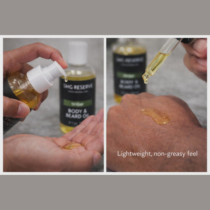 Short video showing Timber body and beard oil for men applying and absorbing with a non-greasy finish
