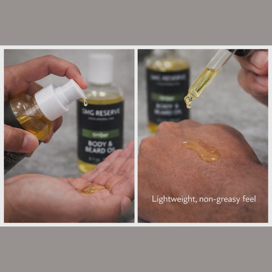 Short video showing Timber body and beard oil for men applying and absorbing with a non-greasy finish