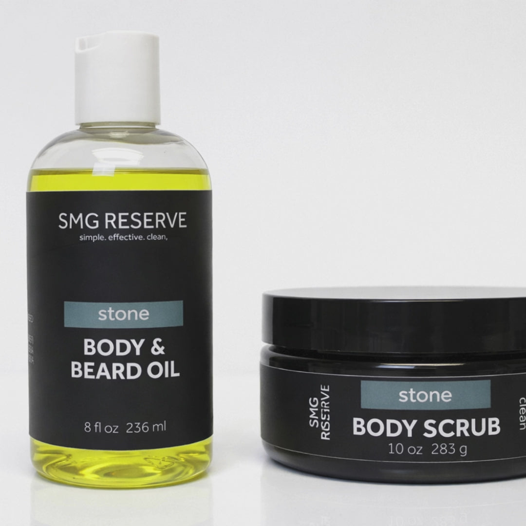 Short video showing how men use SMG Reserve exfoliating body scrub and oil during a shower routine