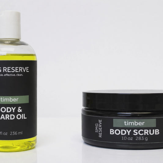Short video showing how men use SMG Reserve exfoliating body scrub and oil during a shower routine