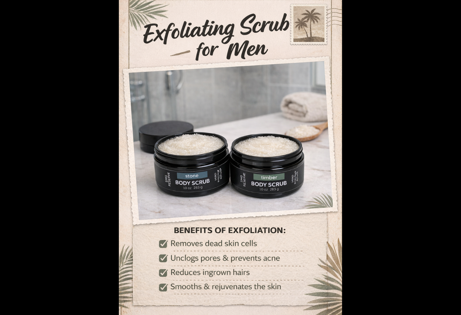 Marketing postcard featuring SMG Reserve Stone and Timber exfoliating body scrubs with benefits listed for men