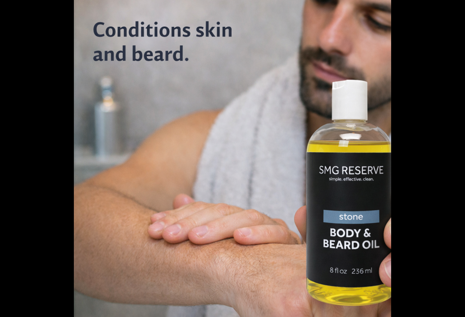 Lightweight finish of Stone body and beard oil after application
