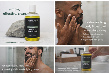 Timber body and beard oil for men shown with product and grooming application images