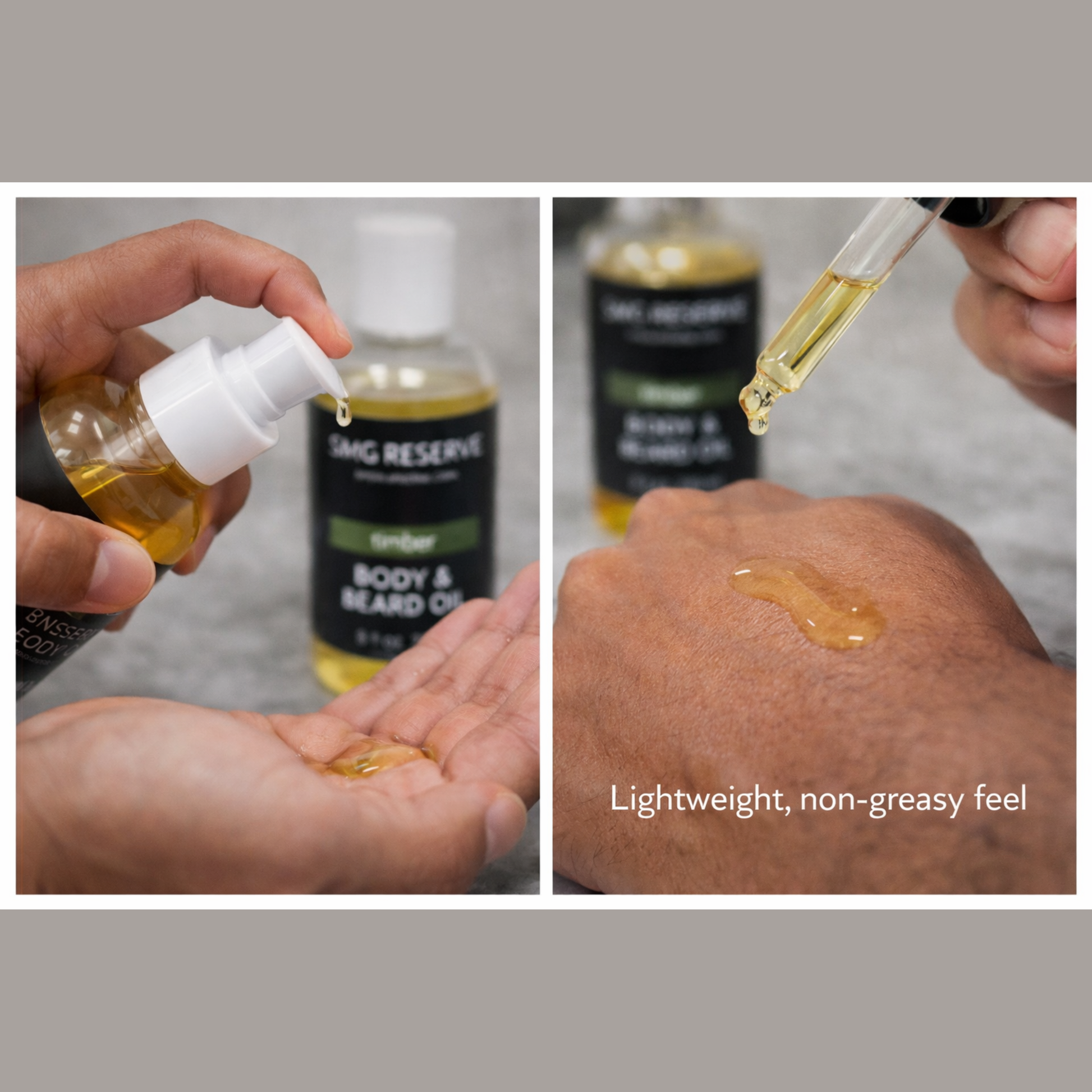 Timber body and beard oil for men showing lightweight oil texture during application