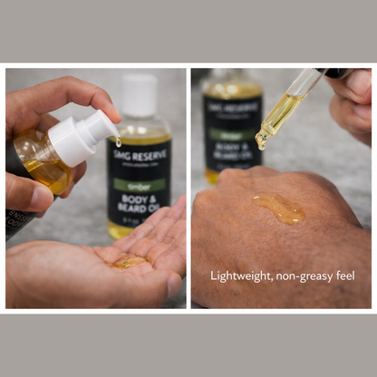 Timber body and beard oil for men showing lightweight oil texture during application
