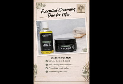 Timber body scrub and body and beard oil grooming bundle from SMG Reserve displayed together with benefit highlights for men’s skincare and beard care.
