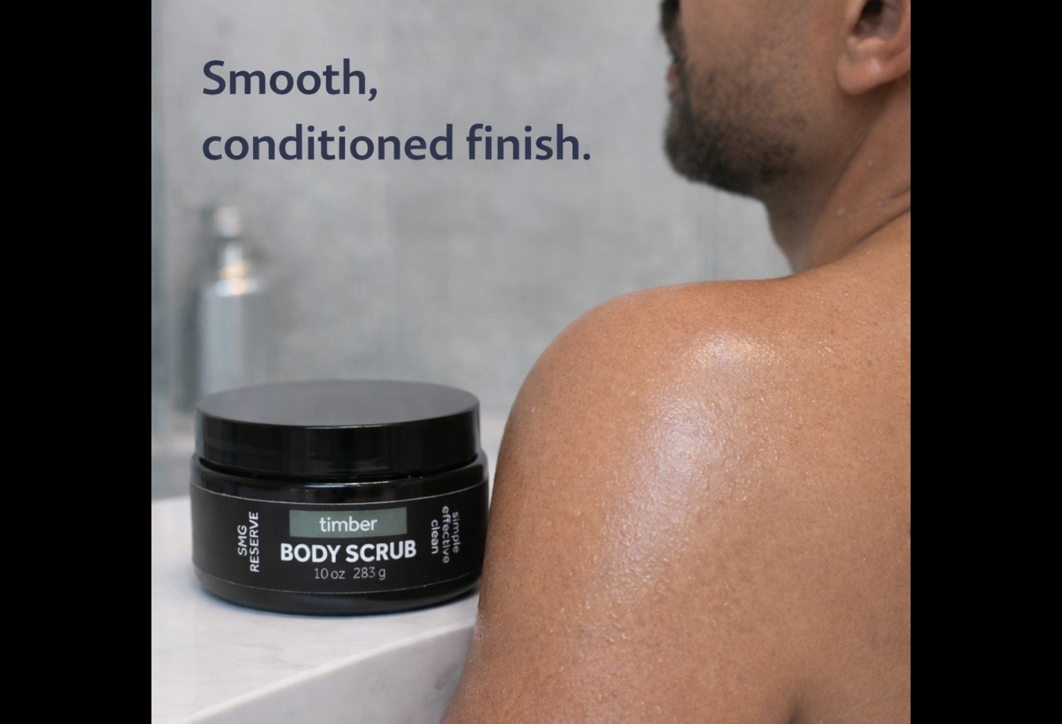 Clean skin finish after using Timber exfoliating body scrub for men
