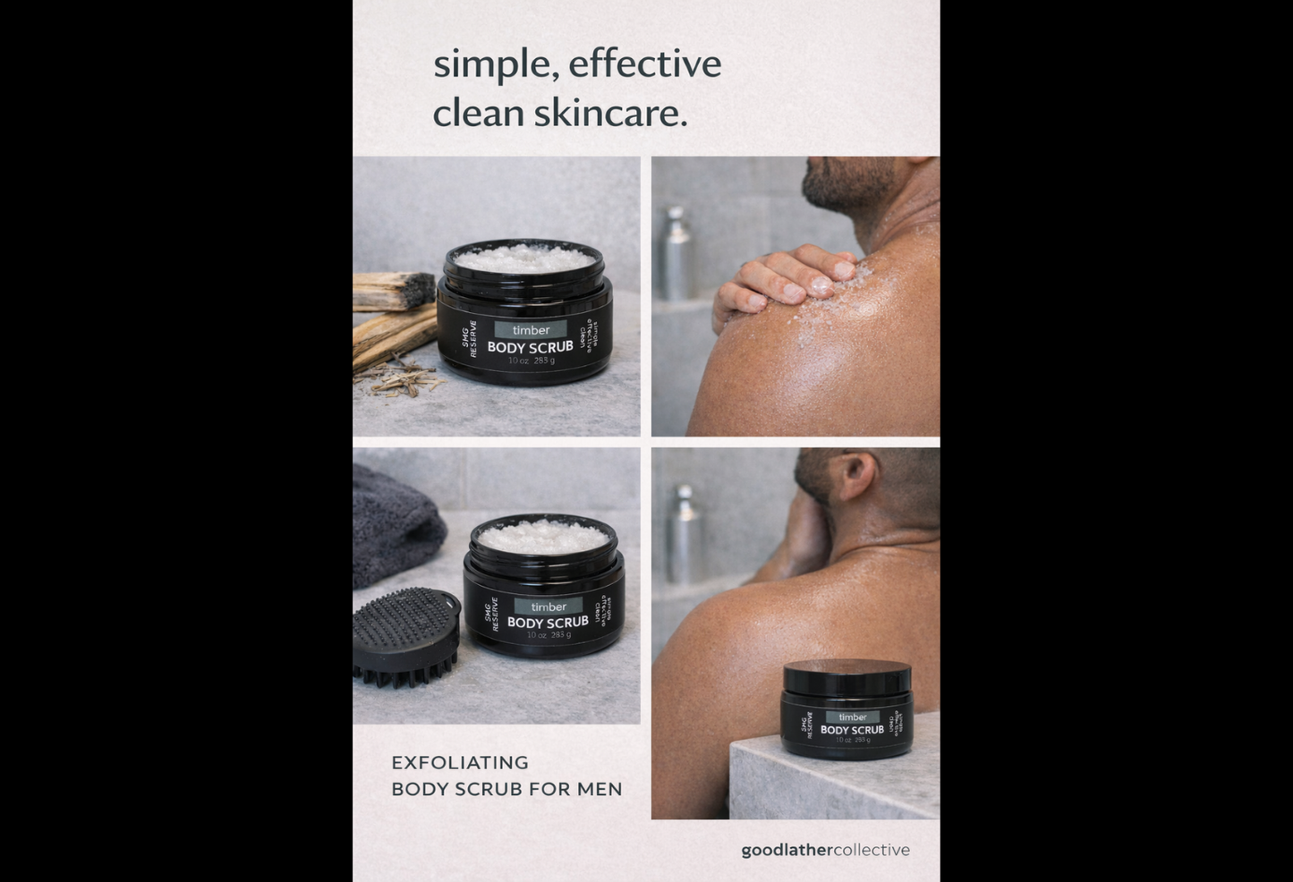 Timber exfoliating body scrub for men shown with texture, application, and product details
