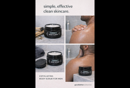 Timber exfoliating body scrub for men shown with texture, application, and product details
